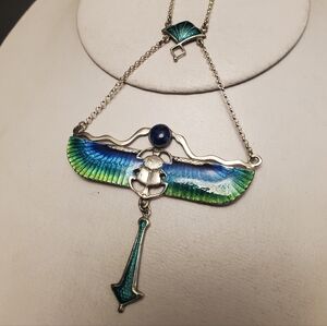 Vintage Egyptian Winged Scarab Sterling Necklace